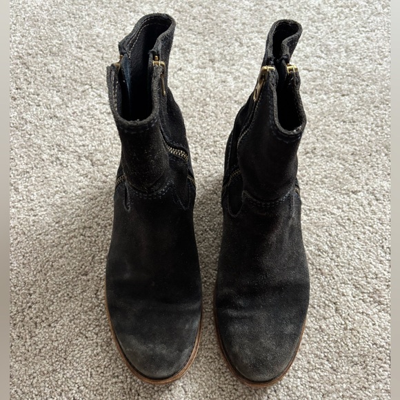 Navy Blue Suede Heeled Ankle Boots - Picture 2 of 9